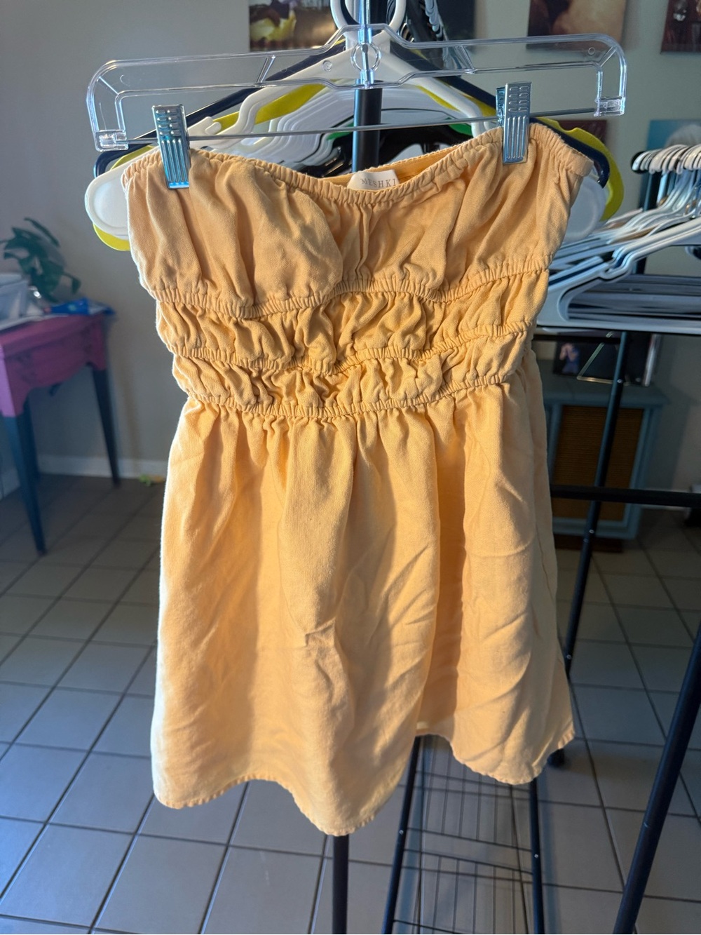 Meshki Strapless Smocked Mini Dress in Yellow-Orange